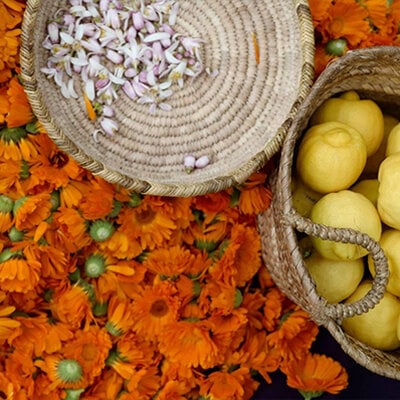 Baskets of lemons and citrus flowers on a bed of orange flowers.