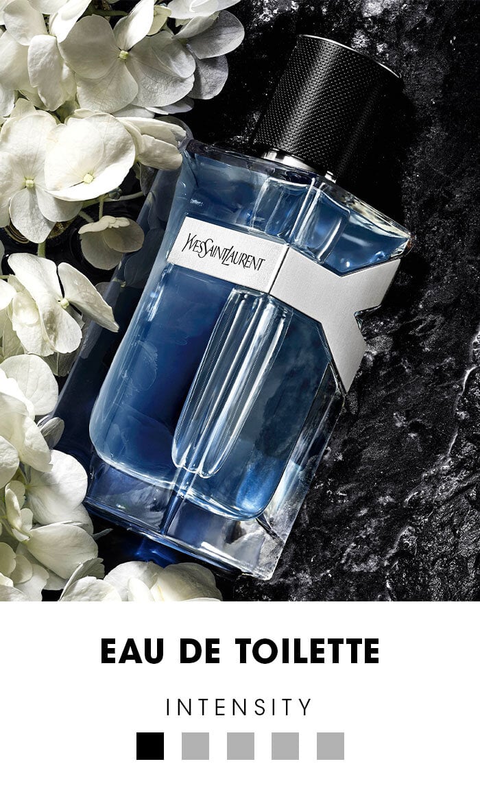 YSL Y Eau de Toilette bottle with text 'Y' and 'EAU DE TOILETTE' and 'INTENSITY.'