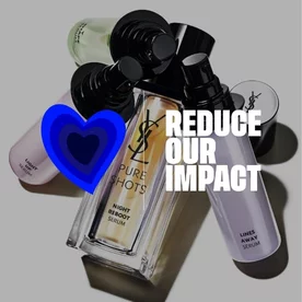 YSL Pure Shots serums with a blue heart and the text 'REDUCE OUR IMPACT.'