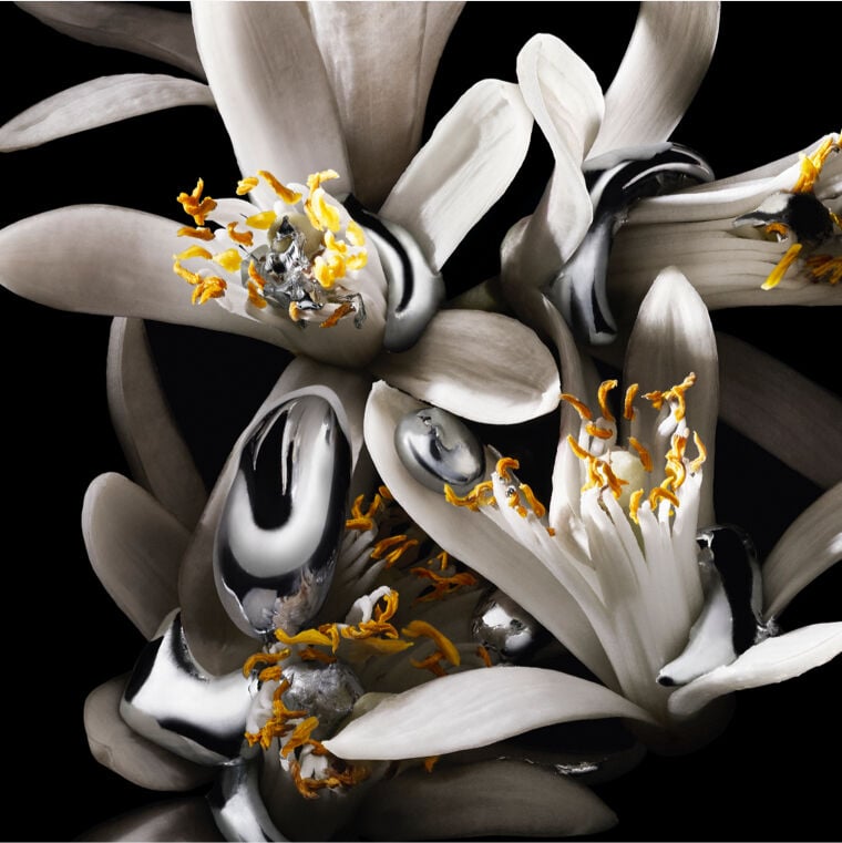 Close-up of white citrus flowers with yellow stamens and metallic accents.