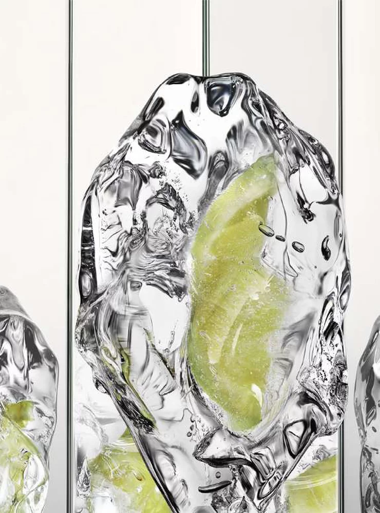 Close-up of a lime slice encased in ice on a white background.