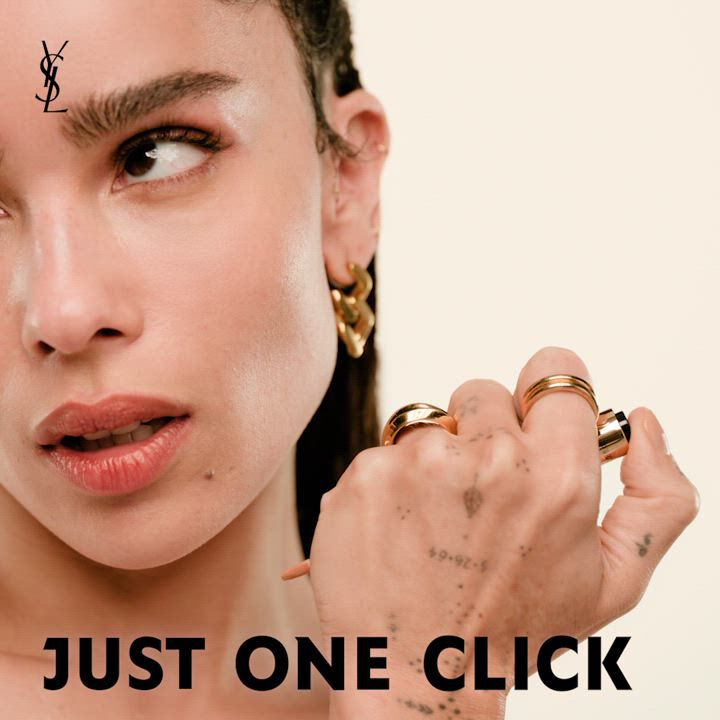 Text 'JUST ONE CLICK' next to a person's face and hand holding a product.