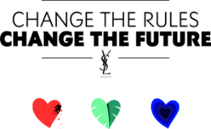 Banner with text 'CHANGE THE RULES, CHANGE THE FUTURE' and three icons of a broken heart, a green leaf, and a blue heart.