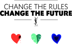 Banner with text 'CHANGE THE RULES, CHANGE THE FUTURE' and three icons of a broken heart, a green leaf, and a blue heart.