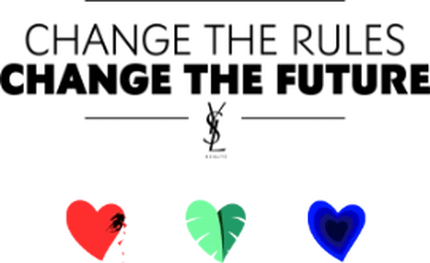 Banner with text 'CHANGE THE RULES, CHANGE THE FUTURE' and three icons of a broken heart, a green leaf, and a blue heart.