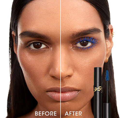 A person's image split with before and after applying bright blue mascara