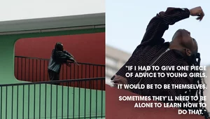 A person leaning on a railing, and a person stretching their arm upwards with the text 'If I had to give one piece of advice to young girls, it would be to be themselves. Sometimes they'll need to be alone to learn how to do that.'