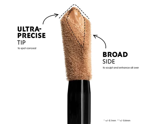 Close-up of a concealer applicator with text indicating 'Ultra-Precise Tip to spot conceal' and 'Broad Side to sculpt and enhance all over.'