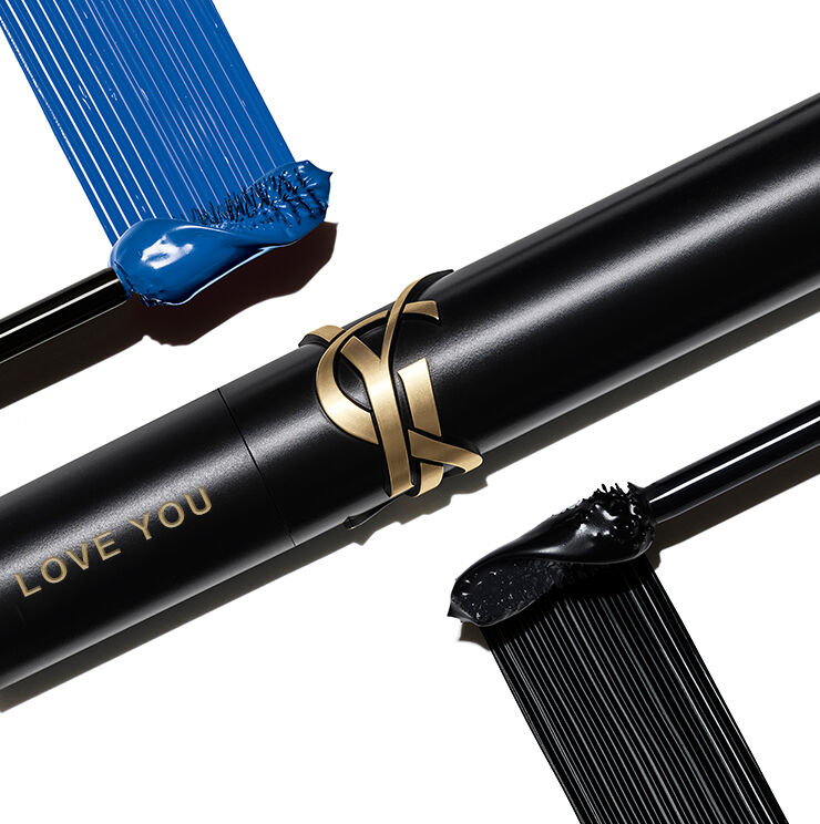 YSL mascara with blue and black swatches and the words 'LOVE YOU.'