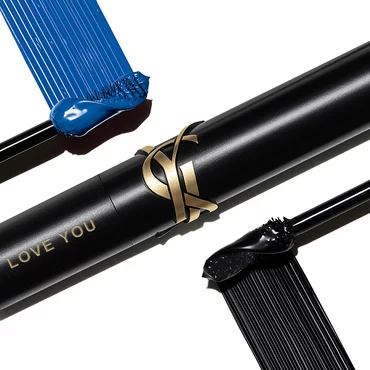 YSL mascara with blue and black swatches and the words 'LOVE YOU.'