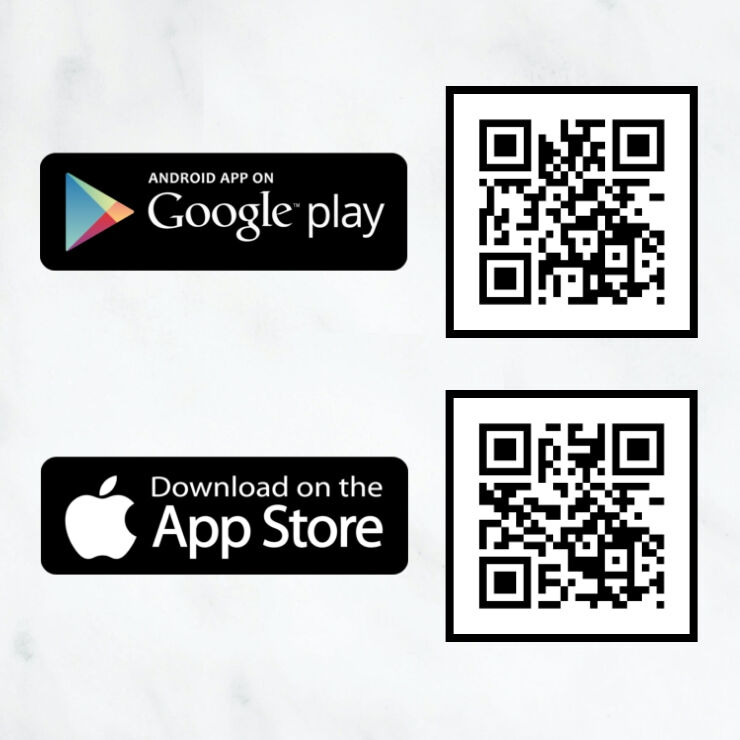 Google Play and Apple App Store download buttons with QR codes.