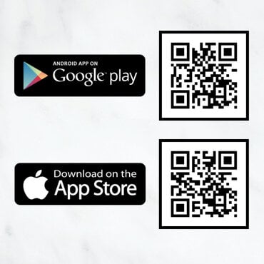 Google Play and Apple App Store download buttons with QR codes.
