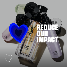Bottles of YSL Pure Shots serums with the text 'REDUCE OUR IMPACT' and a blue heart icon.