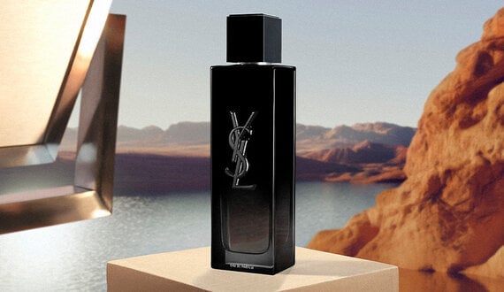 Myslf Bottle on pedestal with landscape background