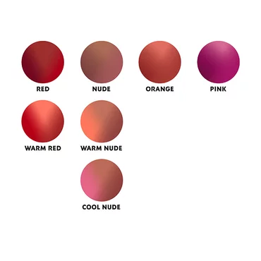 Swatches of different lipstick shades labeled as Red, Nude, Orange, Pink, Warm Red, Warm Nude, and Cool Nude.