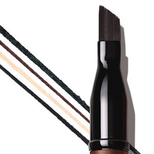 Close-up of a YSL eyeliner brush with four swatches in black, brown, beige, and white.