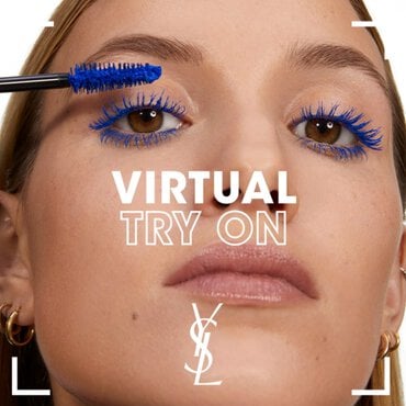A person applying blue mascara with the text 'Virtual Try On'
