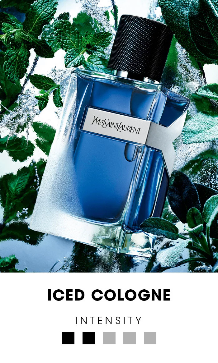 YSL Y Eau de Toilette bottle with text 'Y' and 'EAU DE TOILETTE' and 'INTENSITY.'