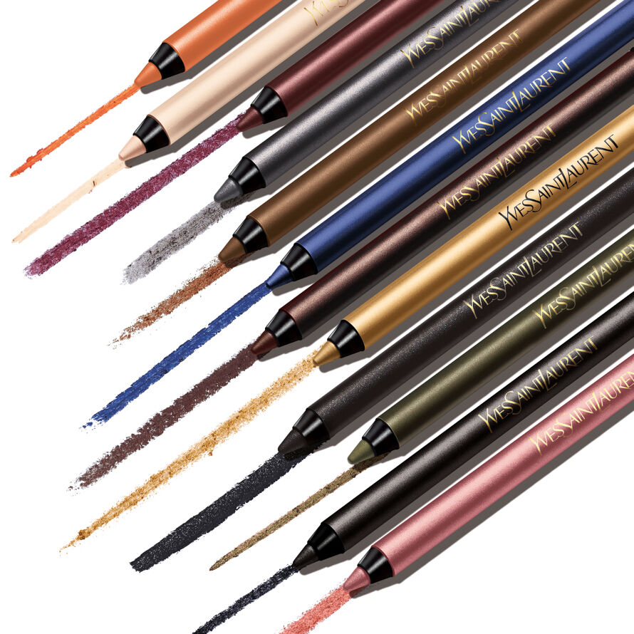 Several YSL eyeliner pencils in various colors with corresponding swatches.