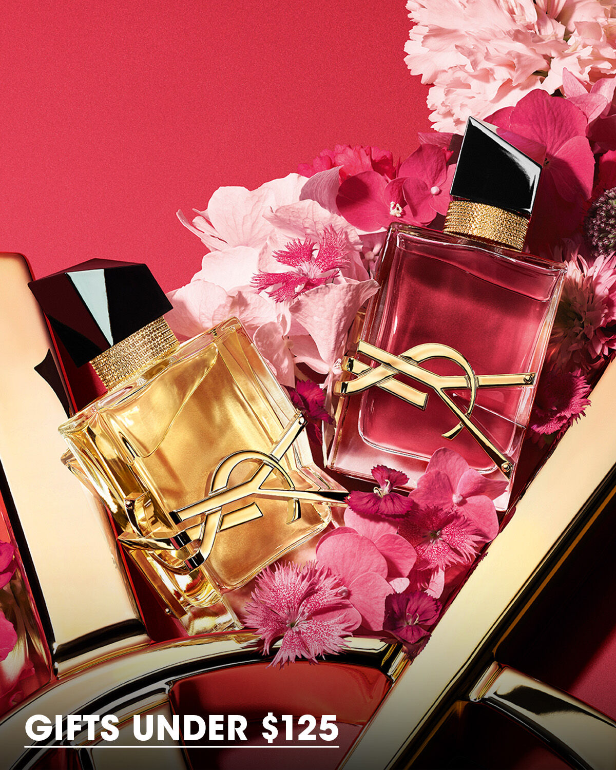YSL fragrances with carnation flowers on red background