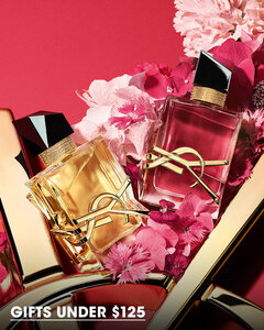 YSL fragrance with carnation flowers on red background