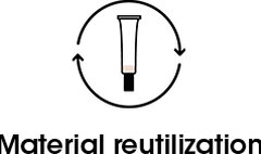 Icon of a tube with arrows around it and text 'Material reutilization.'