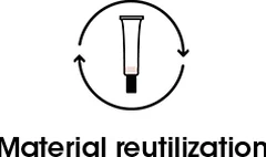 Icon of a tube with arrows around it and text 'Material reutilization.'