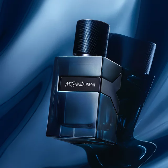 YSL perfume bottle with blue liquid.