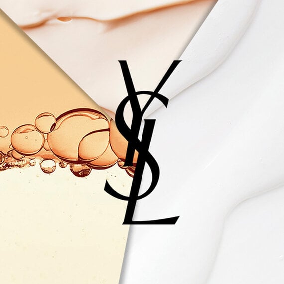 YSL logo with a background of different textures and colors, including bubbles and cream.