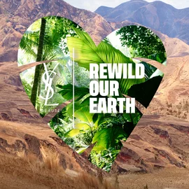 A heart-shaped image with 'REWILD OUR EARTH' text, featuring a mix of natural and mountainous landscapes.