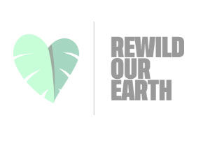 Rewild Our Earth logo with a green leaf and text.