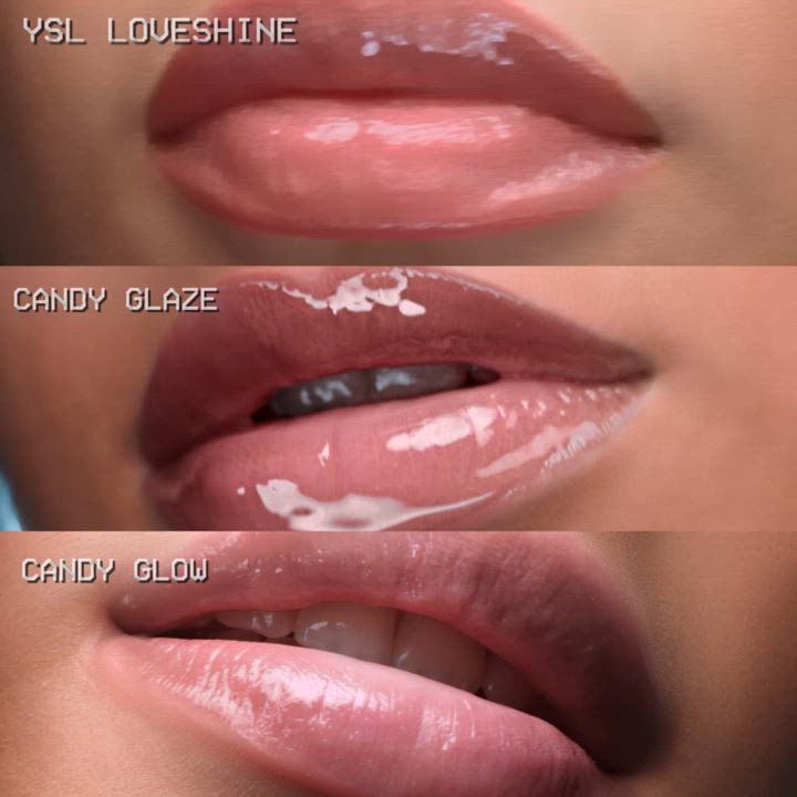 Close-up of lips with YSL Loveshine, Candy Glaze, and Candy Glow lip products.