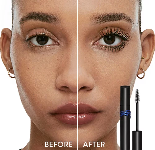 A before and after image of a person with YSL mascara applied