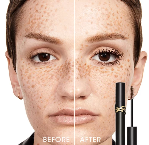 A before and after image of a person with YSL mascara applied