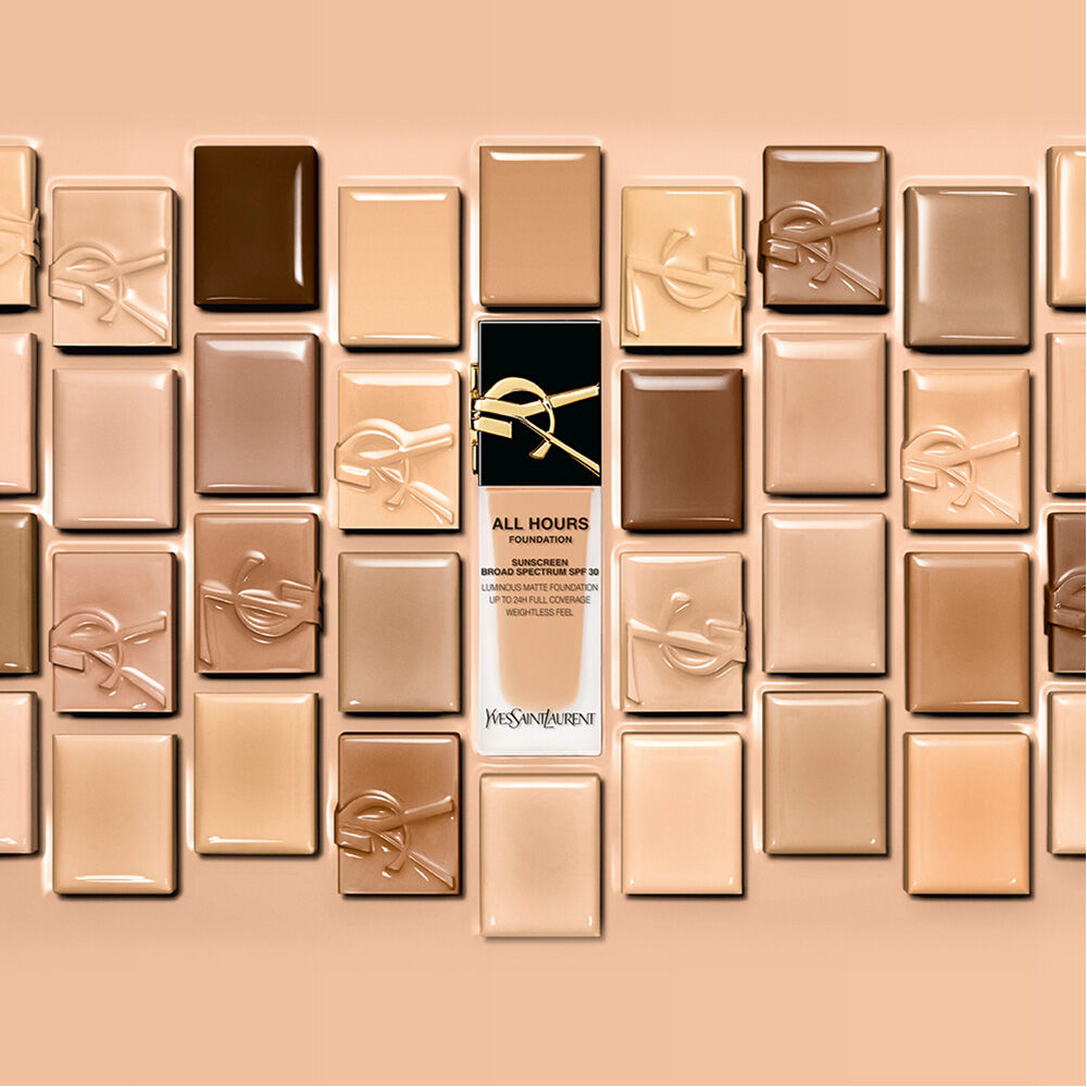 All hours foundation bottle surrounded by different shade swatches