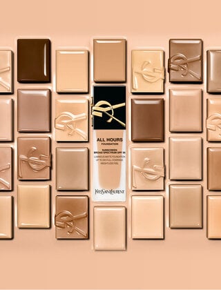 All hours foundation bottle surrounded by different shade swatches