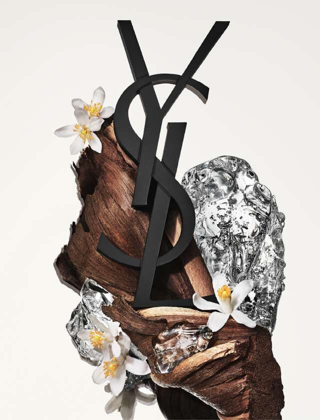 Black YSL logo intertwined with wood and ice, adorned with white flowers.