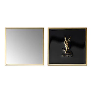 Two square YSL mirrors, one with a reflective surface and the other with a black surface and gold logo.