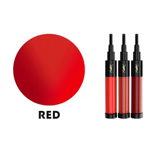 Three YSL lip products in different shades of red with a red circle and the word 'Red.'