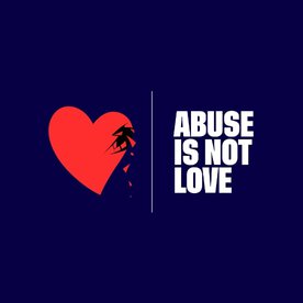 A red heart with a black crack and the text 'Abuse is not love' on a dark blue background.