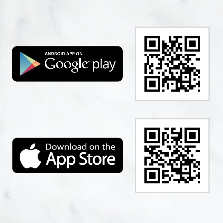 Google Play and App Store download buttons with QR codes.