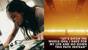 A DJ wearing headphones operates a mixing console; on the right, a DJ performs on stage with the quote 'Let's ditch the whole idea I have for my life and go down this path instead.'