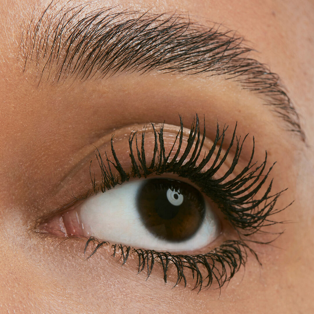 Close-up of an eye with long, thick eyelashes and well-defined eyebrows.