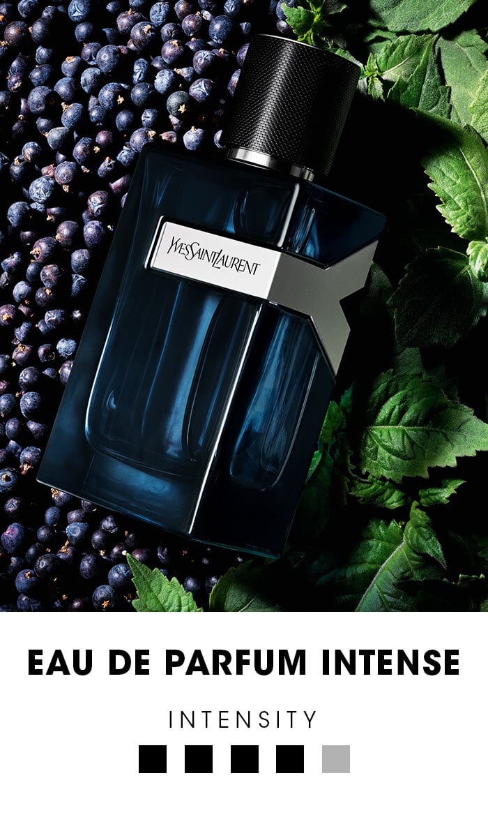 YSL Y Eau de Parfum Intense bottle on a dark background.
