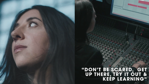 A person in front of a sound mixing board with a quote: 'Don't be scared, get up there, try it out & keep learning.'