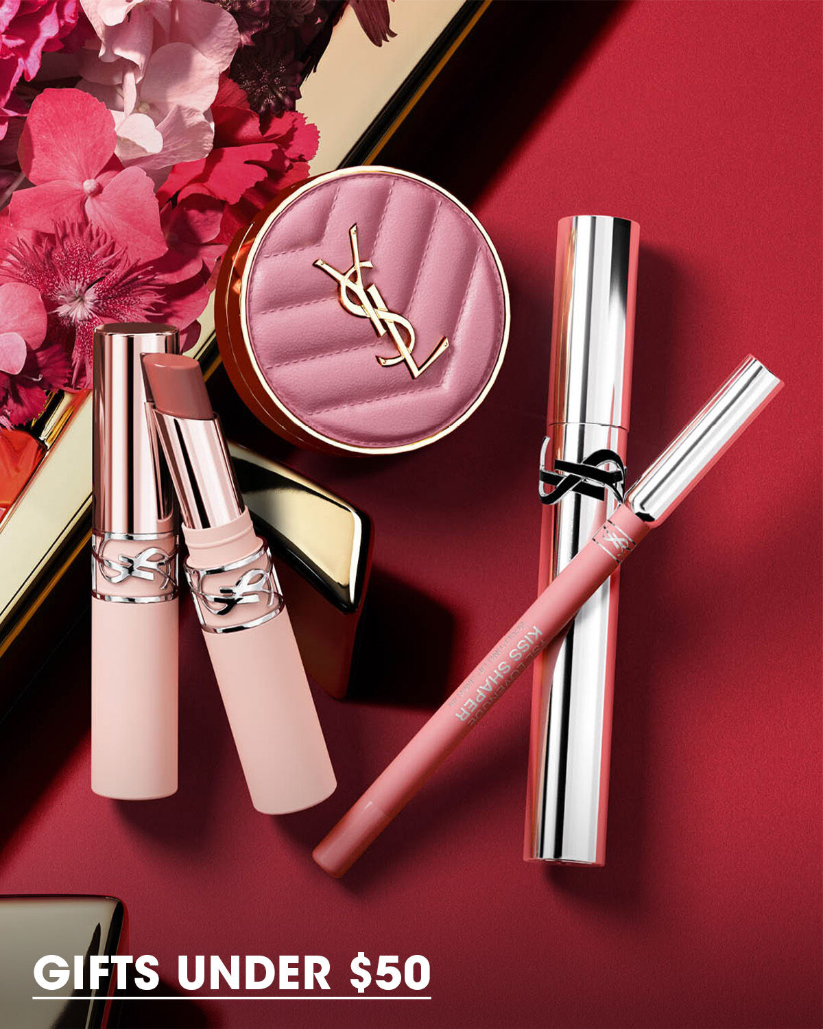 YSL Makeup Products on Red Background