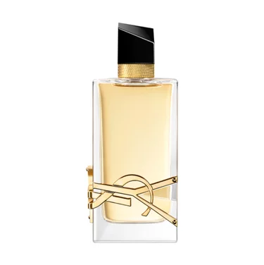 Rectangular YSL perfume bottle with amber liquid.