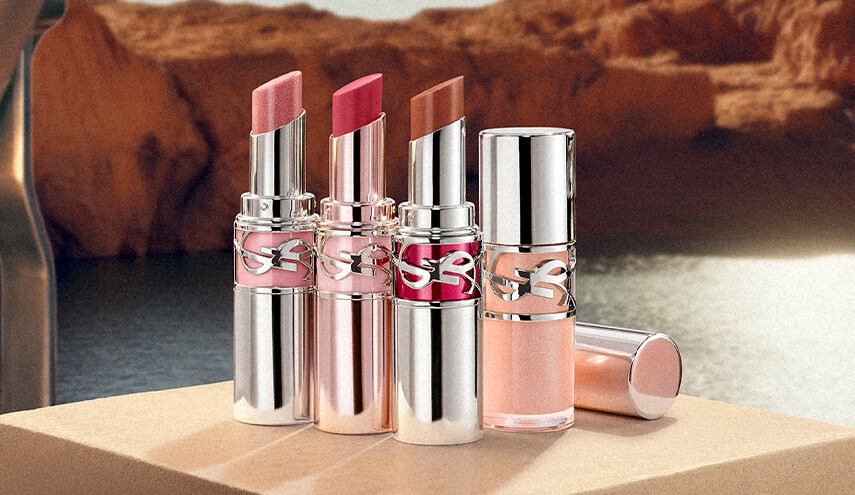 YSL Lip product on pedestal l with landscape background