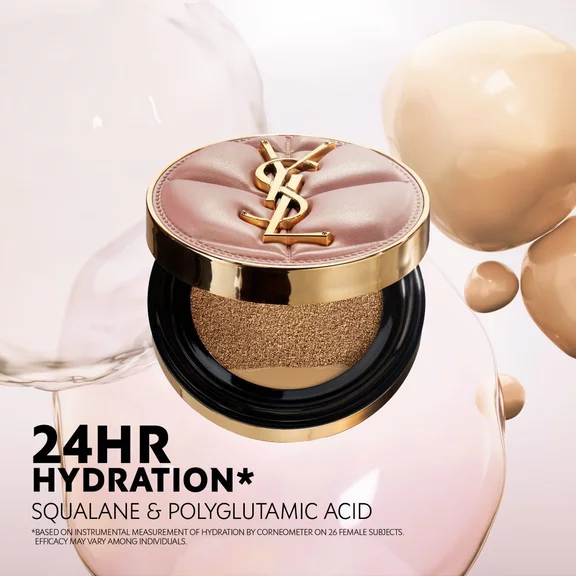 YSL SKIN AFFAIR CUSHION cases in a taxi cup holder with a glass of water. Luxury on-the-go hydration and soft glow.