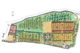 Colored map of a garden layout with various sections and a compass indicating north.